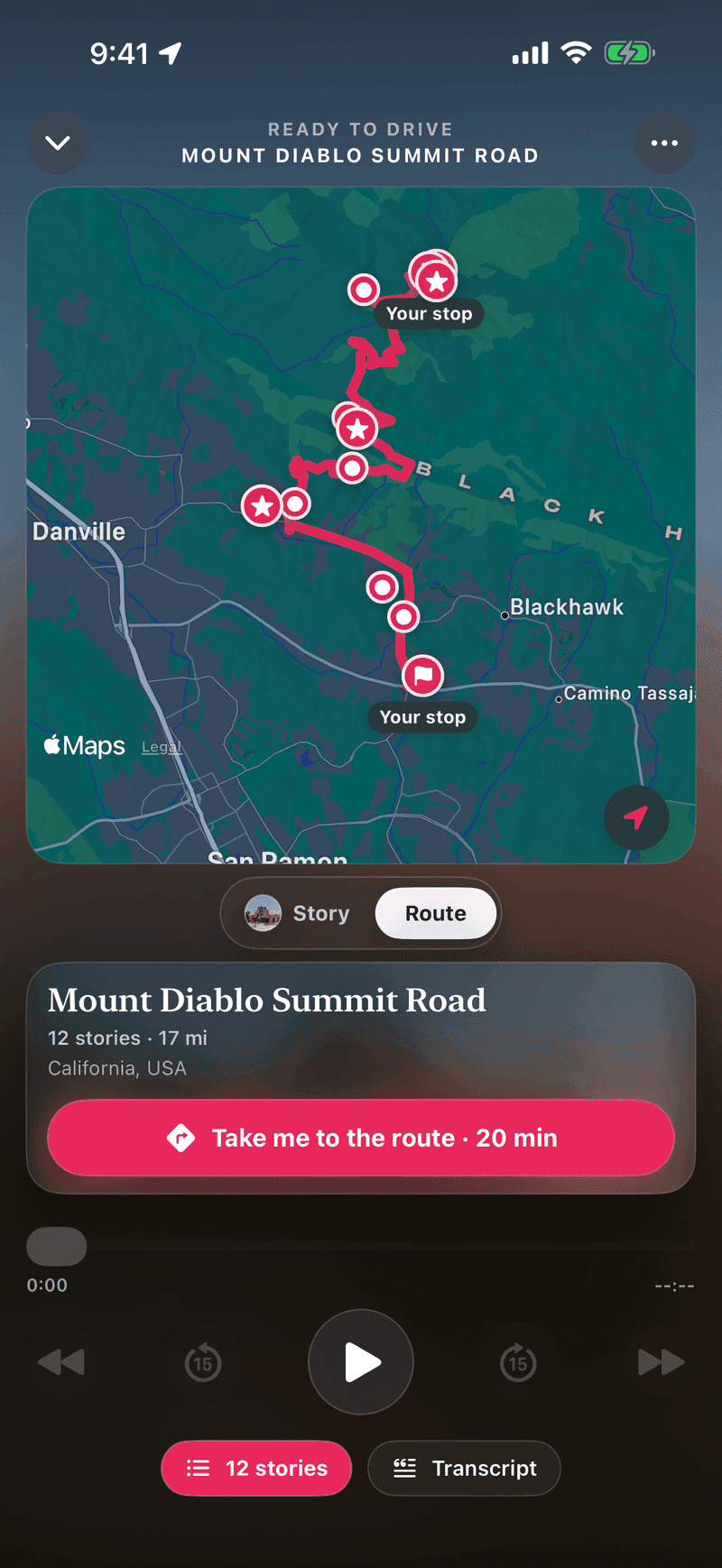 The same drive as a live route map with every story marked along Mount Diablo Summit Road