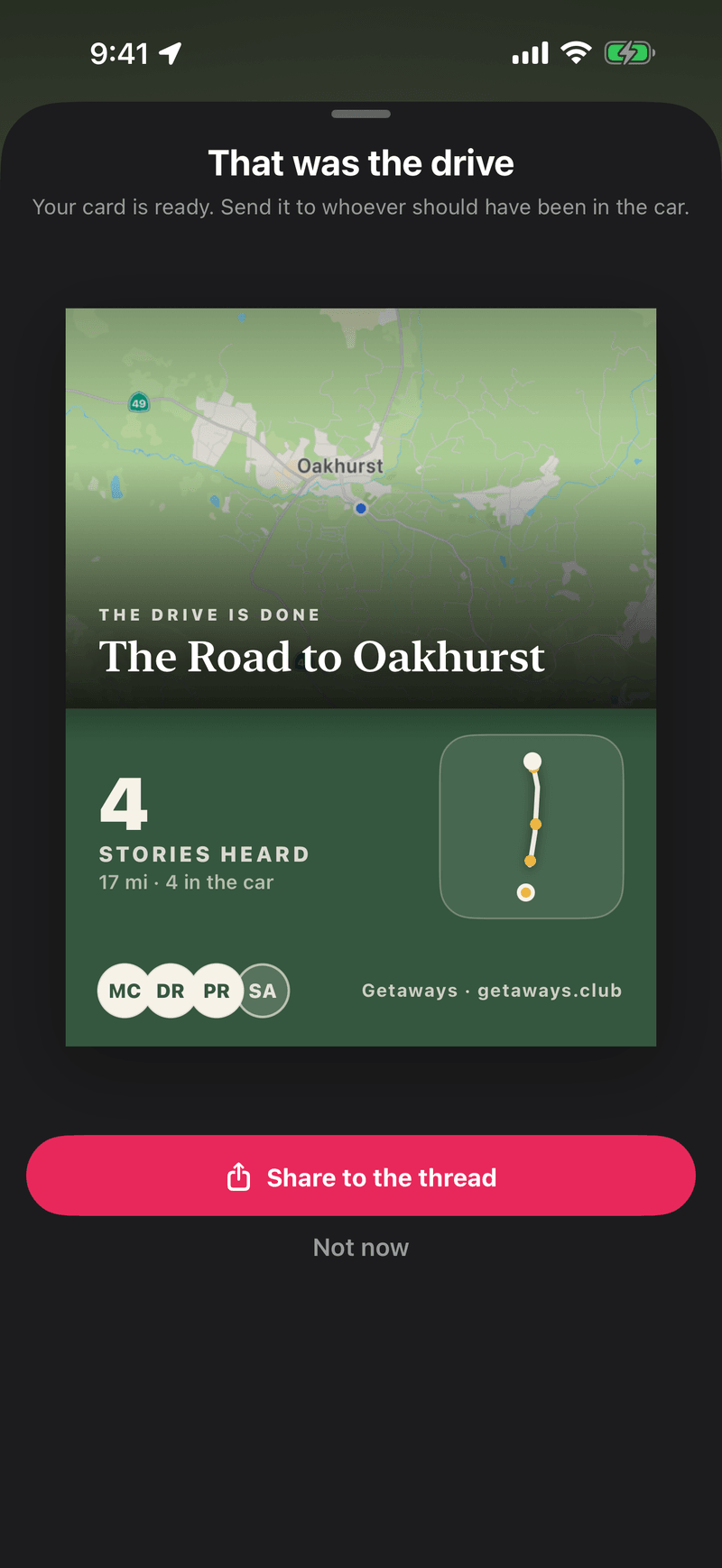 The end-of-drive card in Getaways: The Road to Oakhurst, 4 stories heard, ready to share to the thread